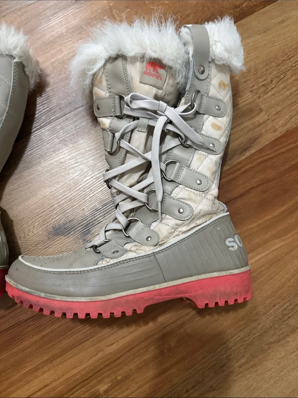 Sorel Lace-Up Winter Boot with Faux Fur Collar in Cream and Coral
